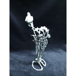 Vintage Old Verdigris Finish Cast Open Work 12” Bronze Bud Vase with Bird